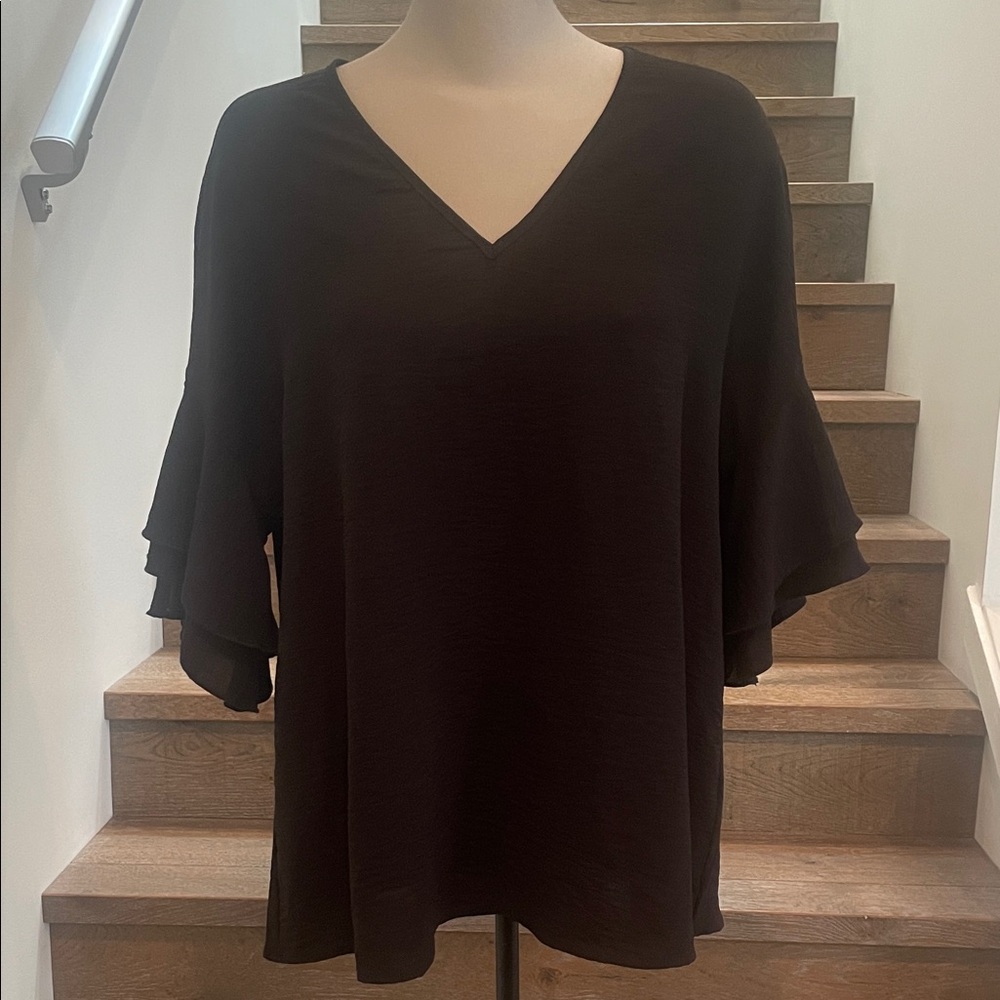 SHEIN Black V-Neck Layered Ruffle Sleeve Tunic